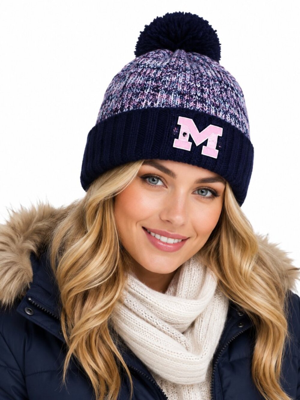 Michigan Wolverines Womens Roll Cuff Knit Hat Pom Pink Embroidered Logo New